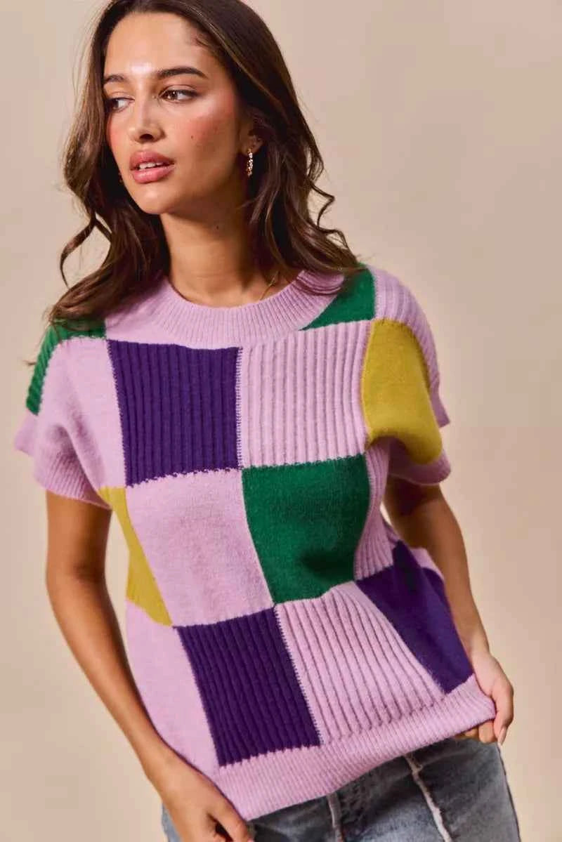 SO ME Mardi Gras Check Plaid Casual Sweater Top