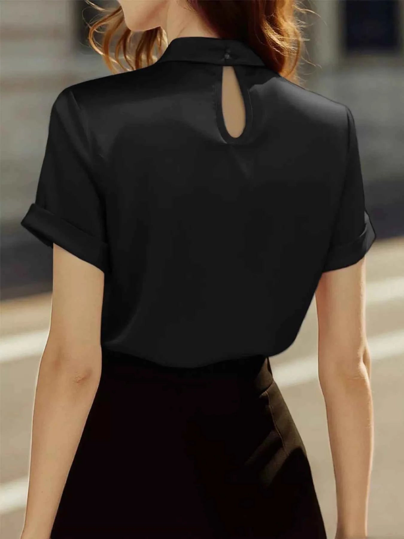 Keyhole Neck Satin Short Sleeve Blouse