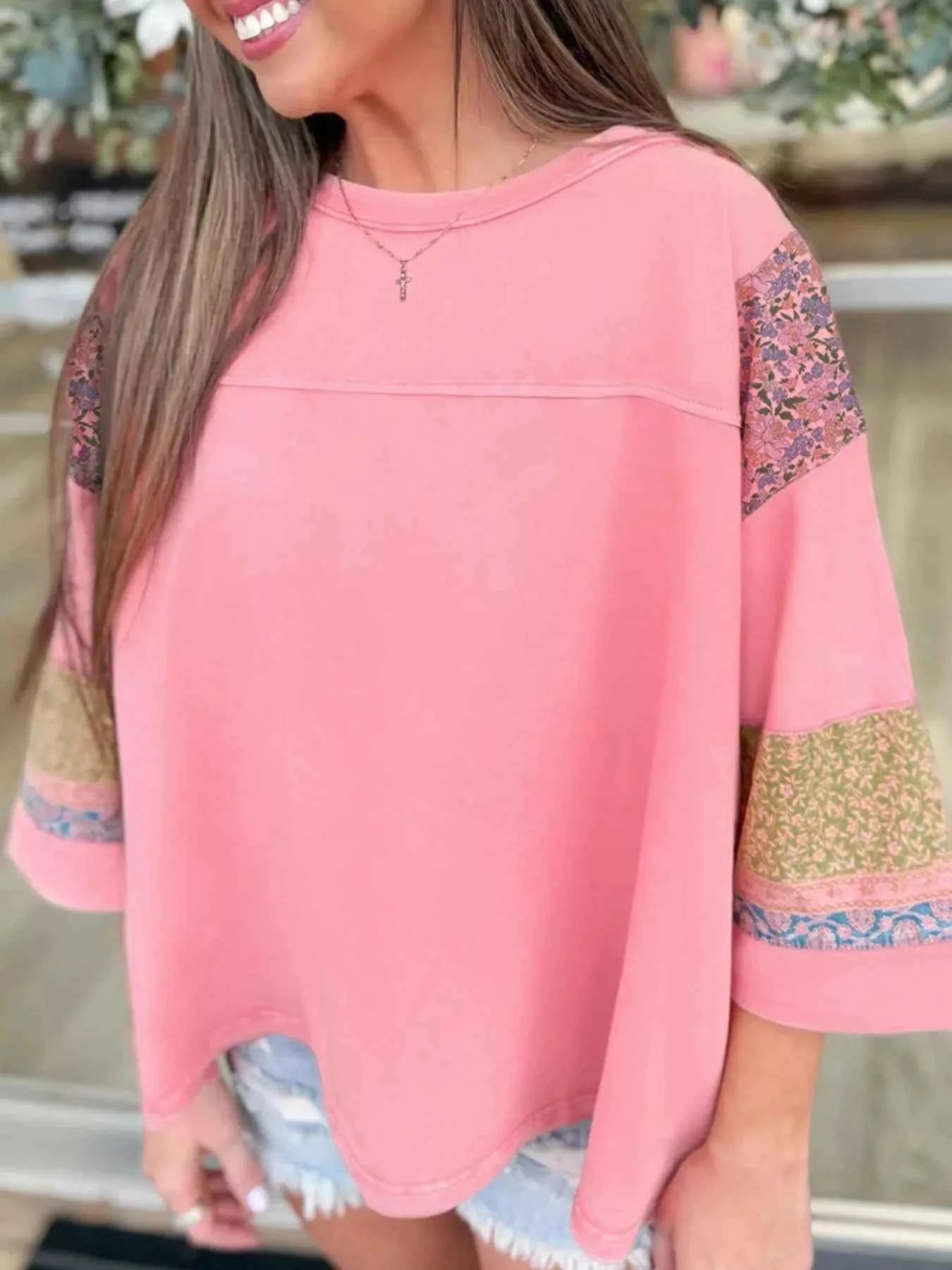 Floral Color Block Patchwork Long Sleeve Top