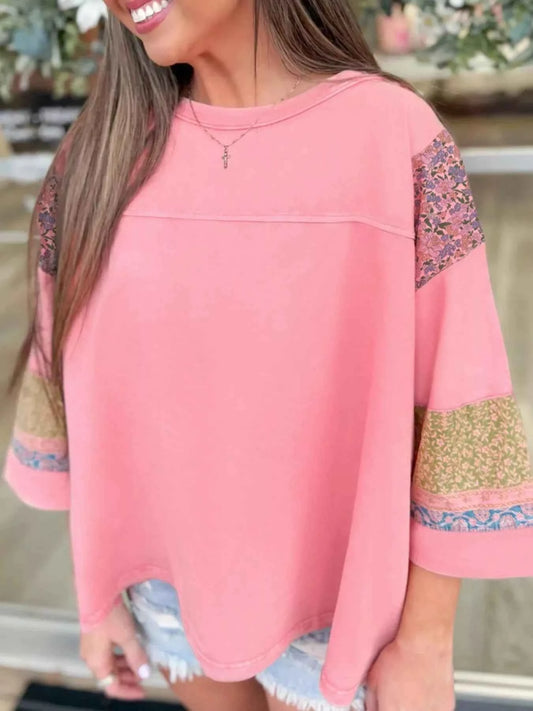 Floral Color Block Patchwork Long Sleeve Top
