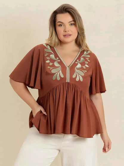 Plus Size Embroidered V-Neck Flutter Sleeve Blouse