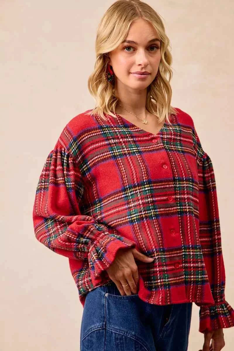 BiBi Christmas Plaid V-Neck Flounce Sleeve Jacket