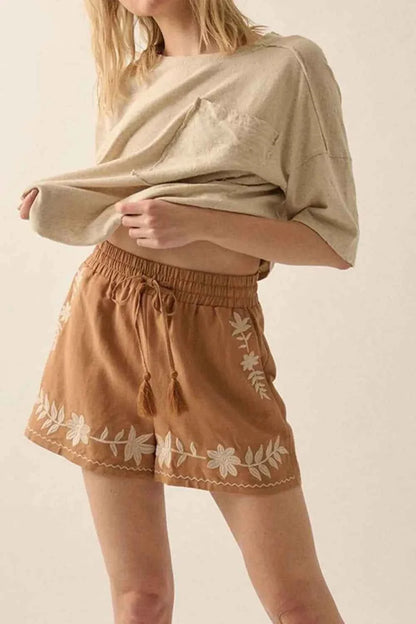 Embroidered Boho Tasseled Drawstring Elastic Waist Casual Shorts