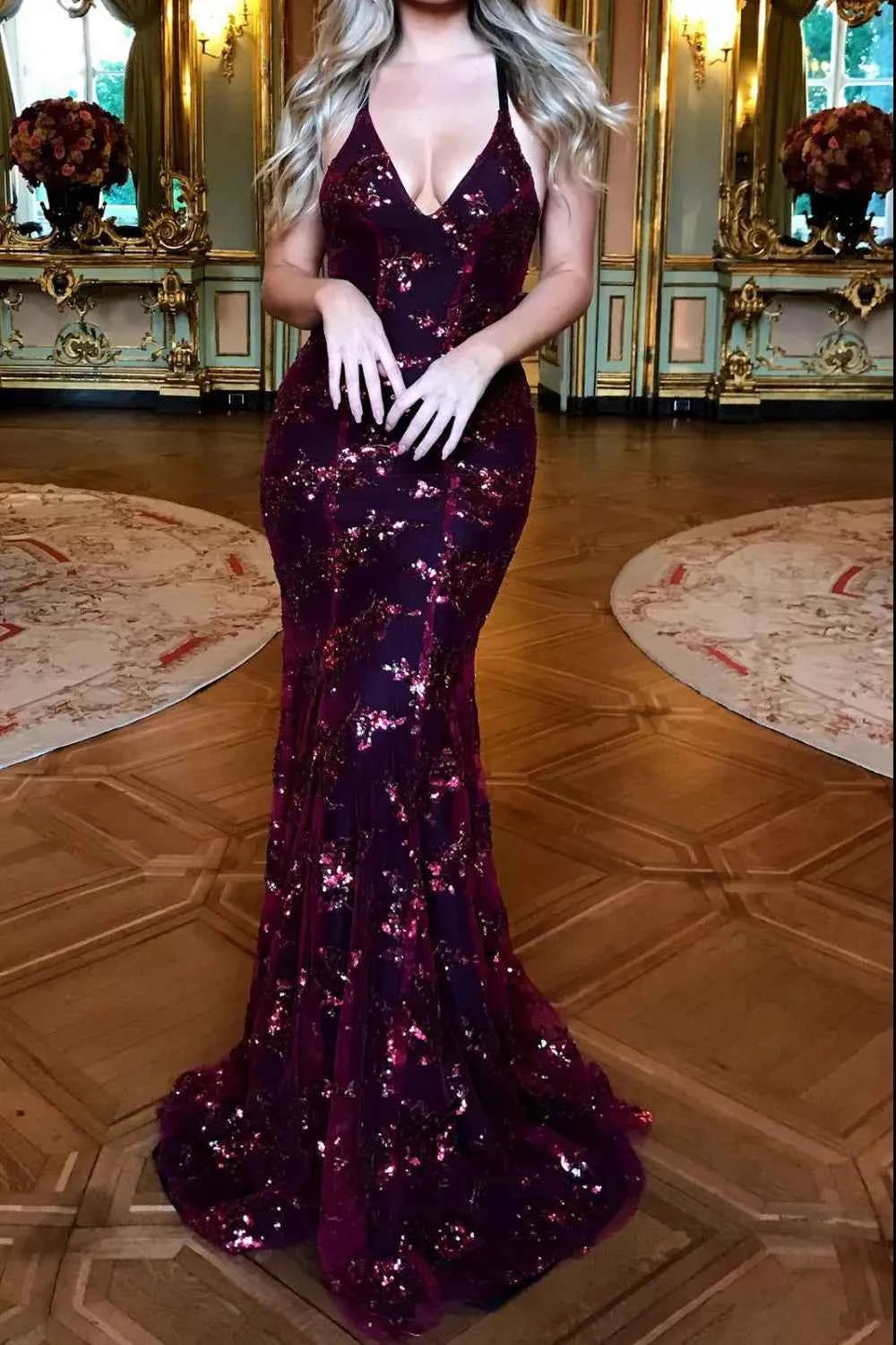 Full Size Sequin Tie Back V-Neck Maxi Dress Plus Size