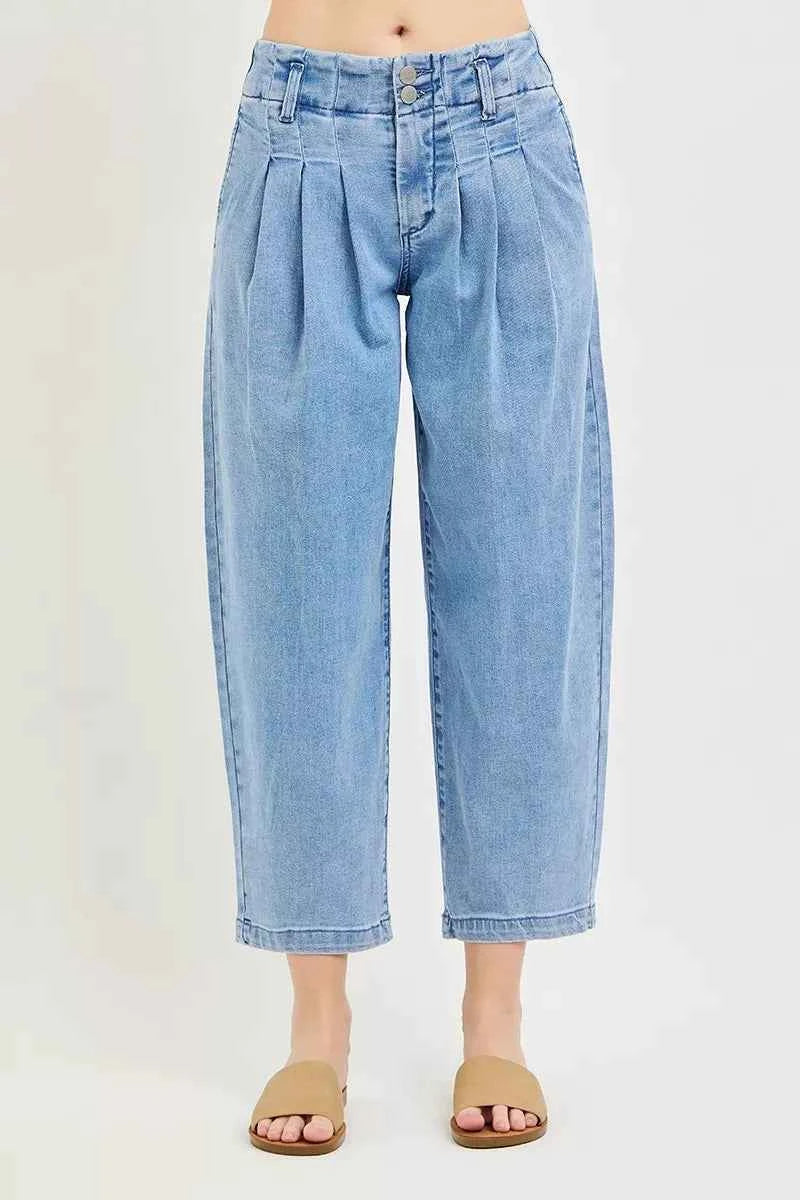 RISEN Slouchy Crop Barrel Pleated Jeans