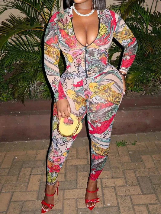 Printed Zip Up Top and Pants Set