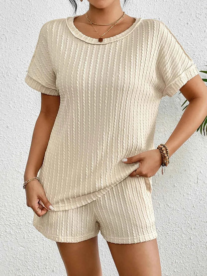 Texture Round Neck Top and Shorts Lounge Set