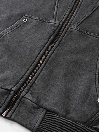 Men's Washed Zip Up Long Sleeve Hooded Jacket