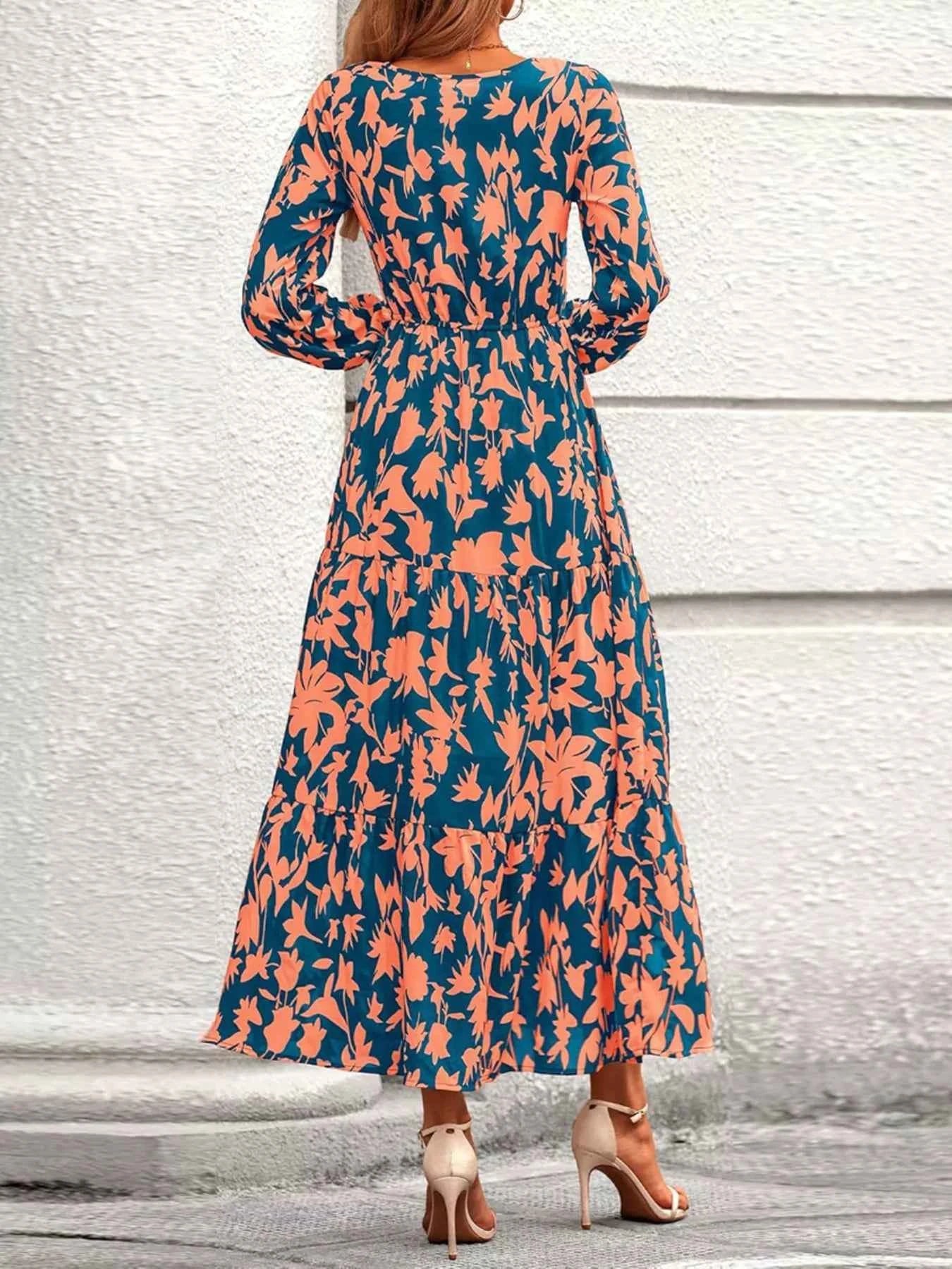 Printed V-Neck Flounce Sleeve Tiered Midi Dress