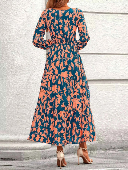 Printed V-Neck Flounce Sleeve Tiered Midi Dress
