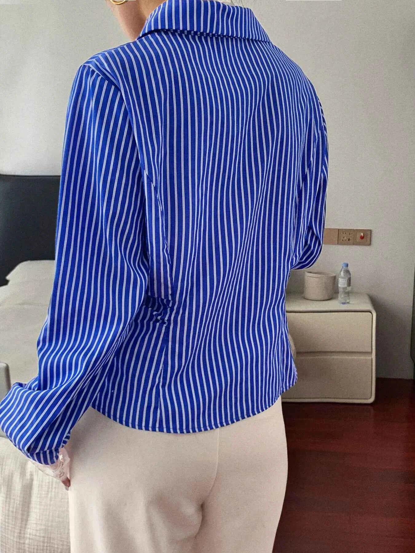 Striped Button-Down Shirt with Lace Detail