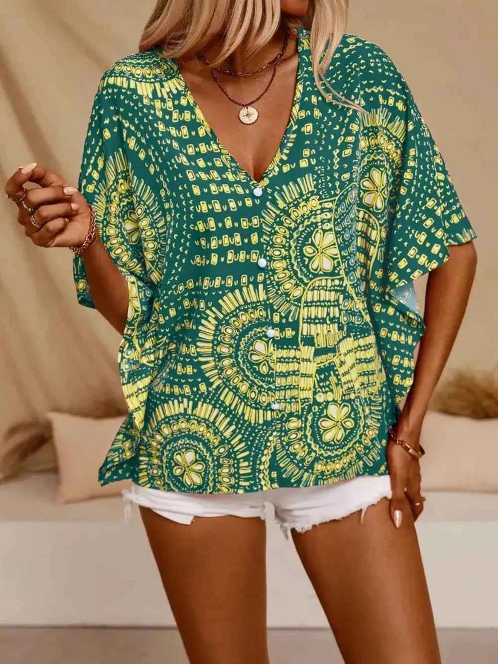 Printed V-Neck Half Sleeve Top