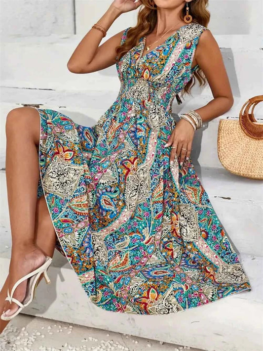 Smocked Printed Surplice Sleeveless Midi Dress