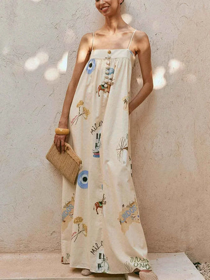 Bohemian Print Cami Maxi Dress with Pockets