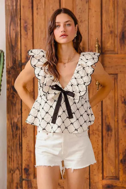 SO ME Bow Texture Jacquard Woven Top with Scallop and Tie