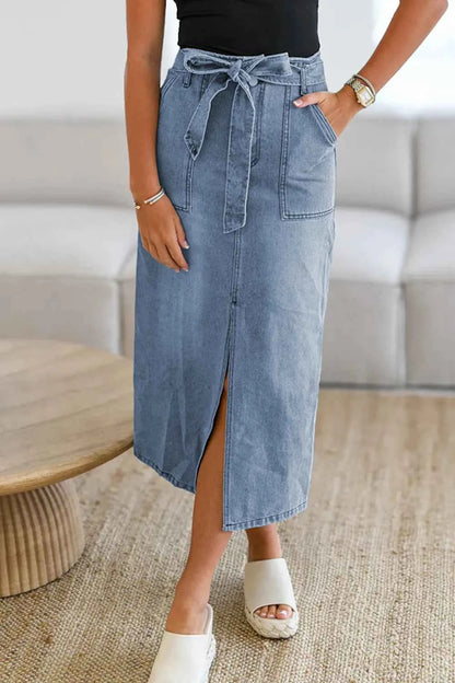 Tied Slit Denim Skirt