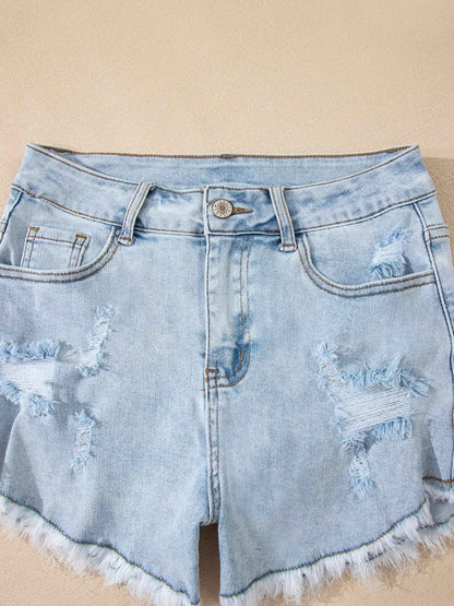 High Rise Distressed Raw Hem Denim Shorts
