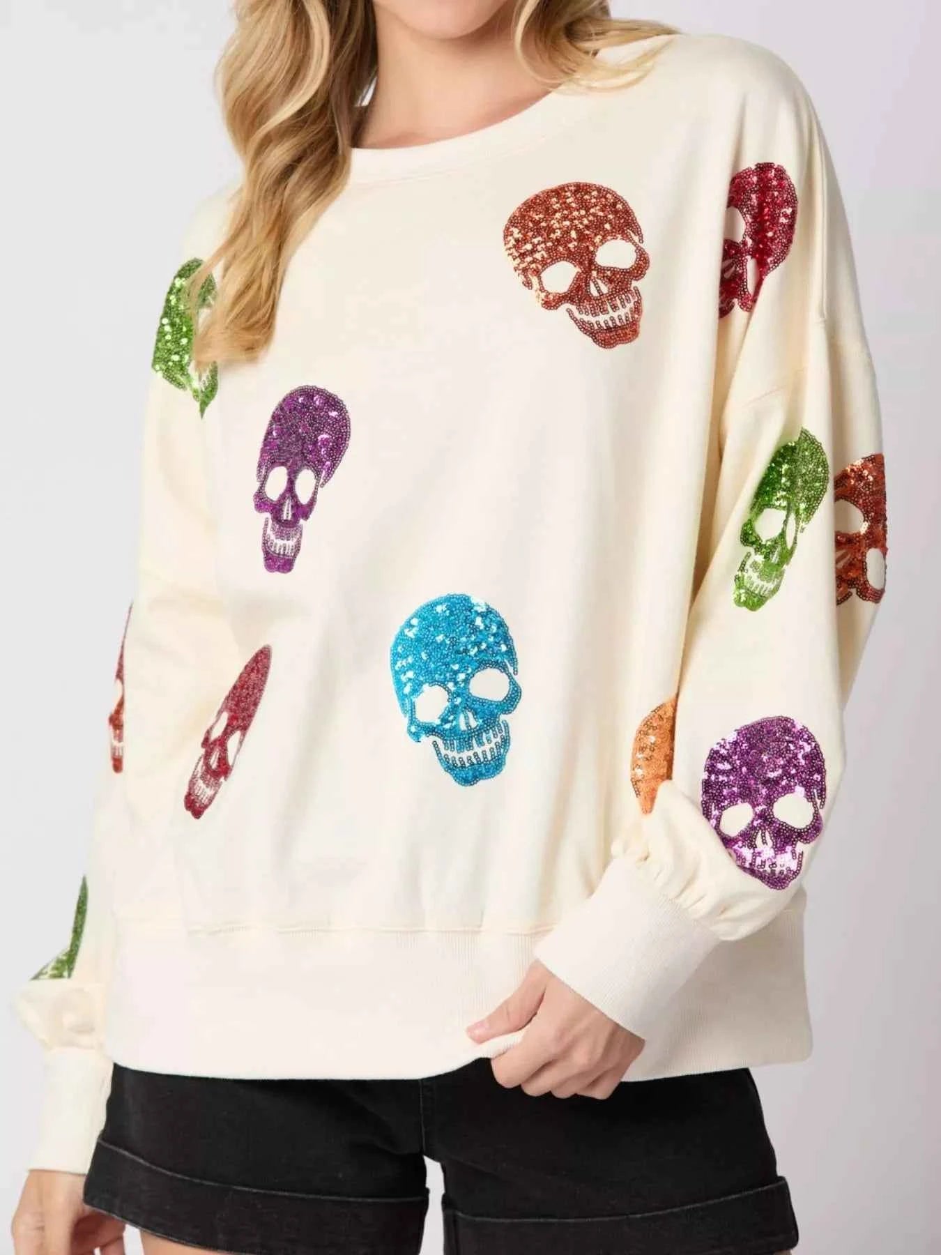 Halloween Colorful Skull Sequin Oversized Sweatshirt
