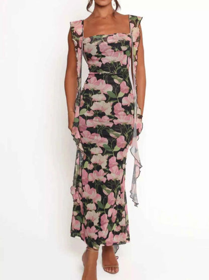 Floral Print Ruffle Trim Bodycon Maxi Dress