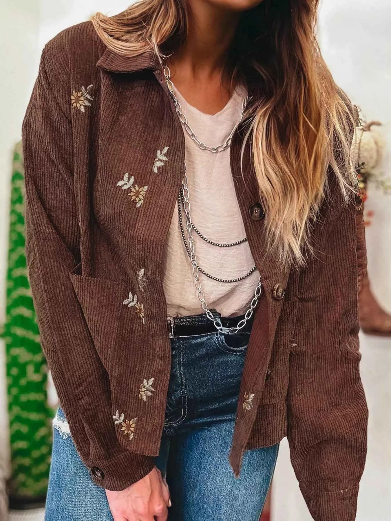 Floral Embroidered Collar Button Front Corduroy Jacket