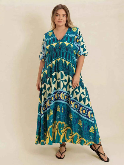 Plus Size Printed V-Neck Half Sleeve Midi Dress