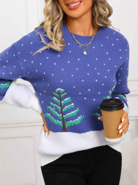 Tree Pattern Round Neck Sweater
