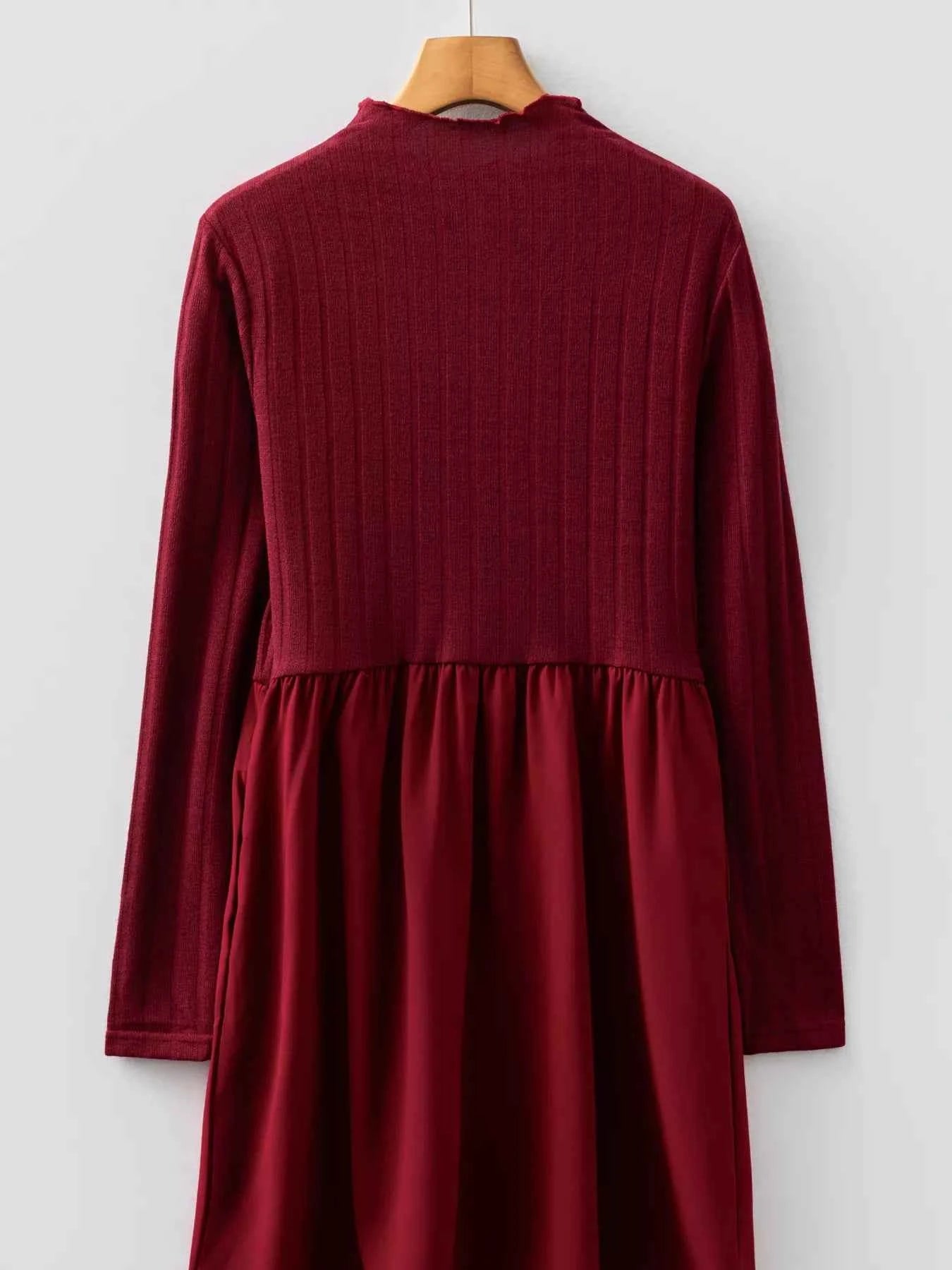 Frilled Neck Ribbed Knit Patchwork Long Sleeve Mini Dress