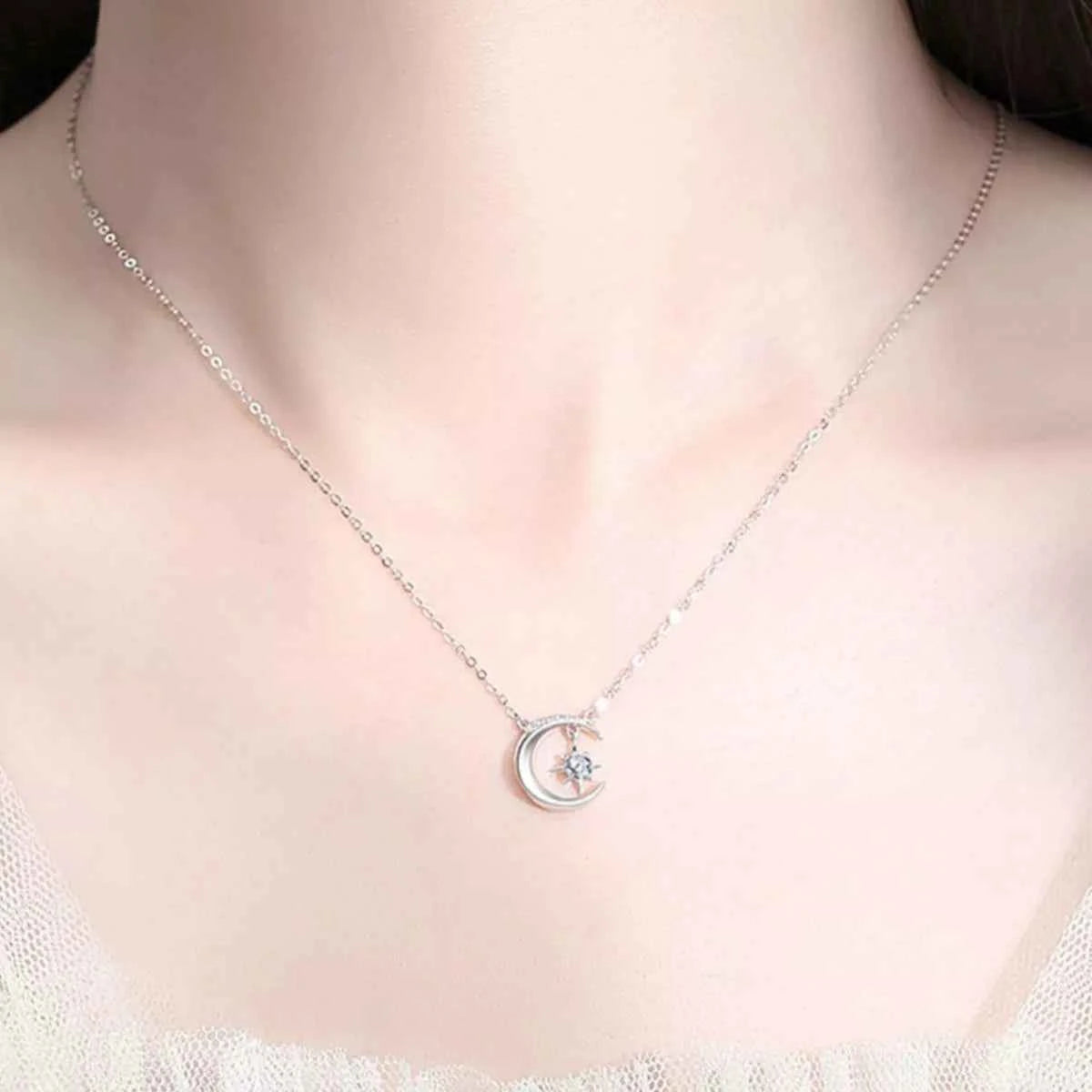 925 Sterling Silver Moissanite Star Moon Necklace