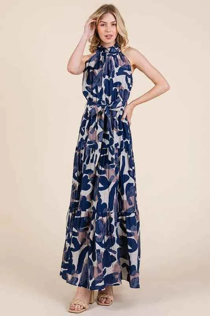Lime 'N' Chili Abstract Halter Neck Tie-Waist Tiered Maxi Dress
