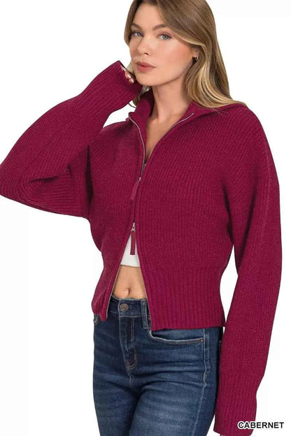 Zenana Ribbed Collared Zip Up Sweater Cardigan