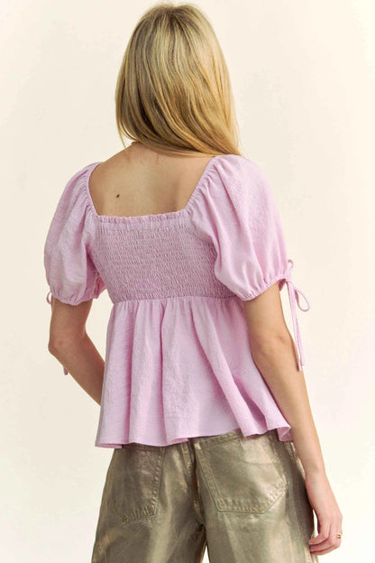 Davi & Dani Solid Elastic Peplum Puffed Sleeves Blouse