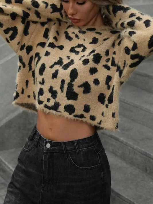 Leopard Fuzzy Knit Cropped Sweater
