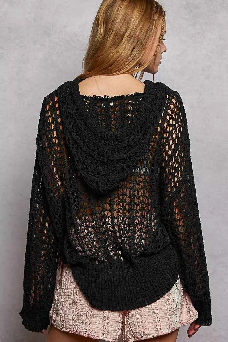 POL Openwork Round Neck High Low Knit Top
