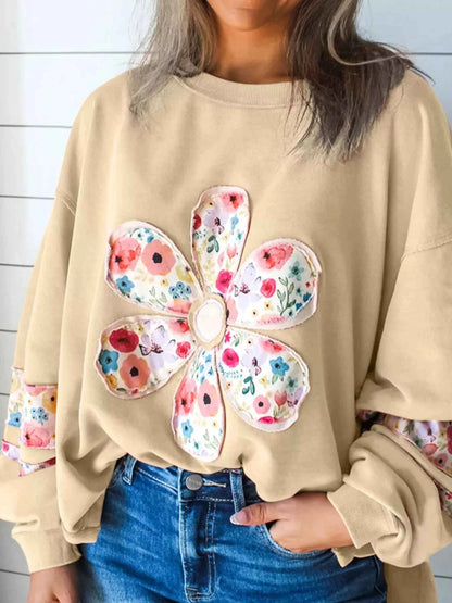 Plus Size Floral Applique Drop Shoulder Sweatshirt