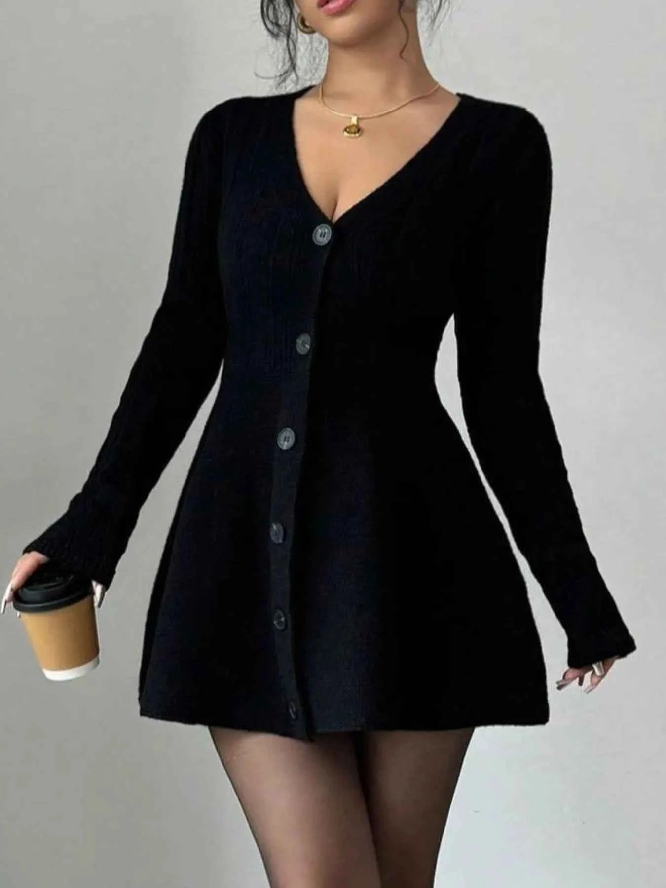 Button-Front V-Neck Knit Dress