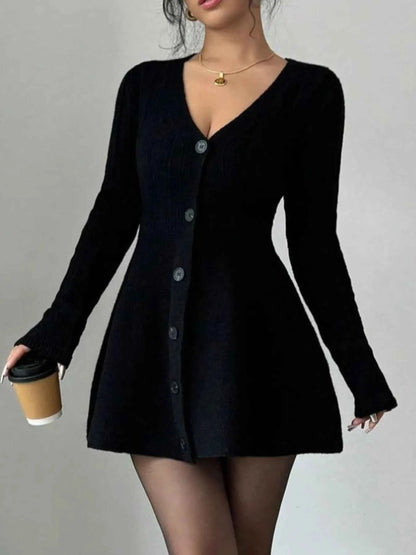 Button-Front V-Neck Knit Dress