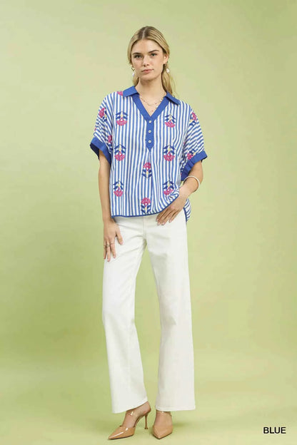 Umgee Stripe Embroidered Button-Front Boho Blouse