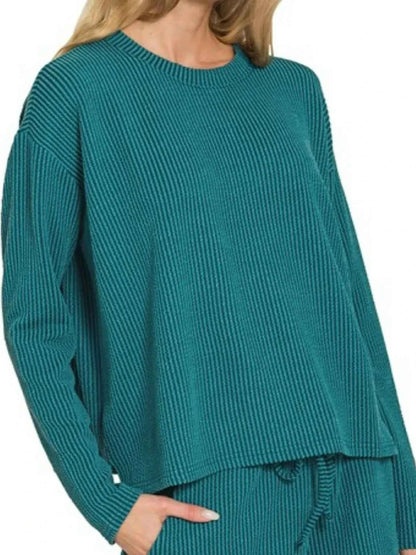 Zenana Corded Rib Long Sleeve Tee and Shorts Set