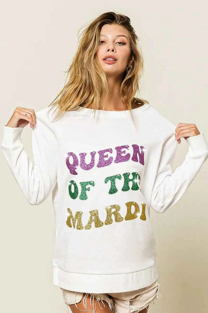 BiBi Queen Of Mardi Glitter Print Mardi Gras Sweatshirt