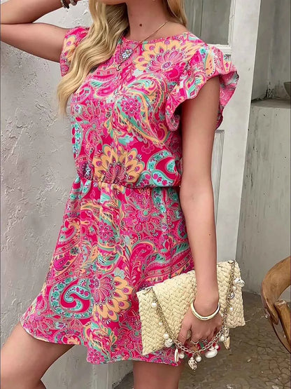 Floral Paisley Print Flutter Sleeve Mini Dress