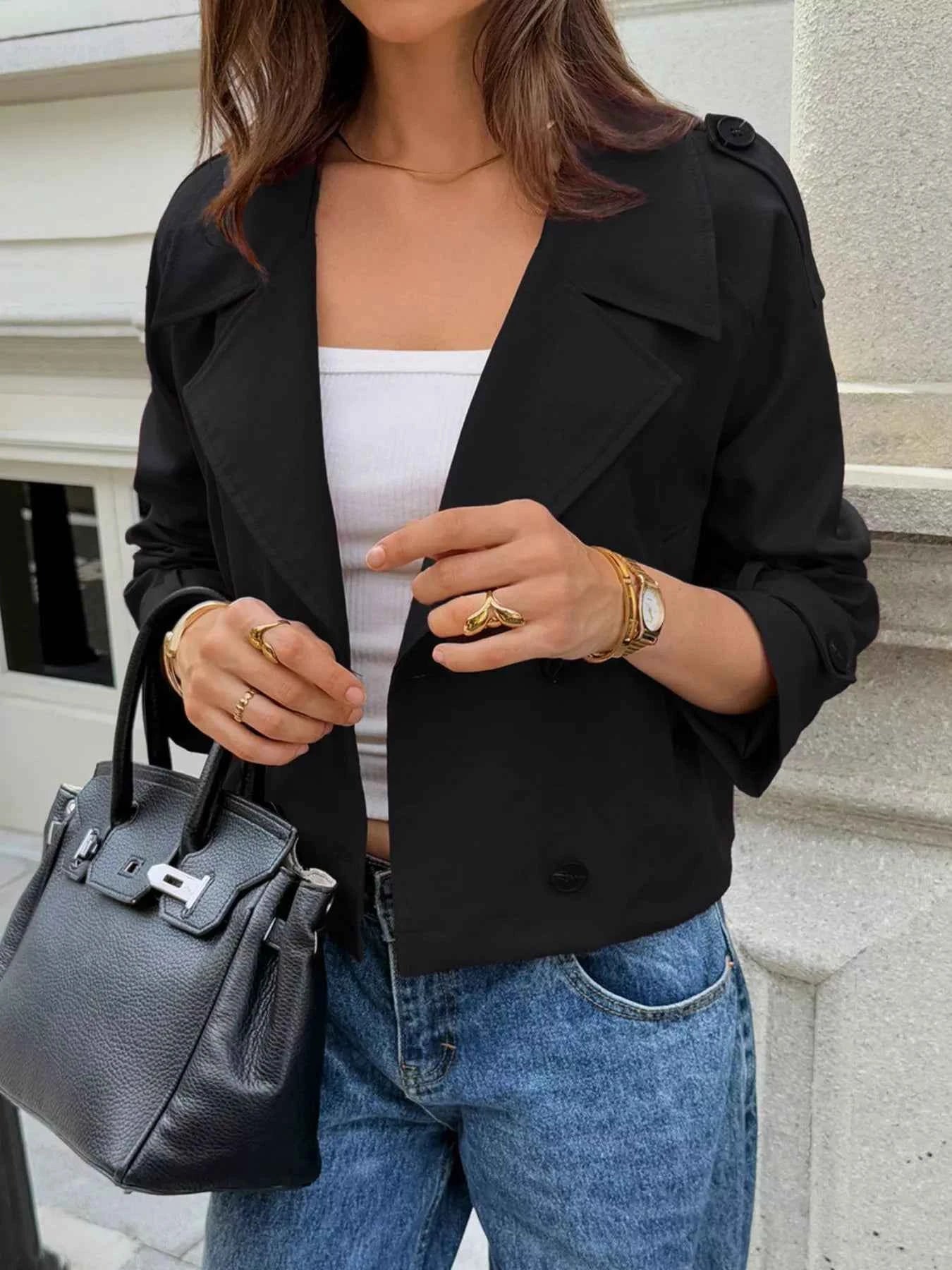 Cropped Double-Breasted Raglan Sleeve Jacket