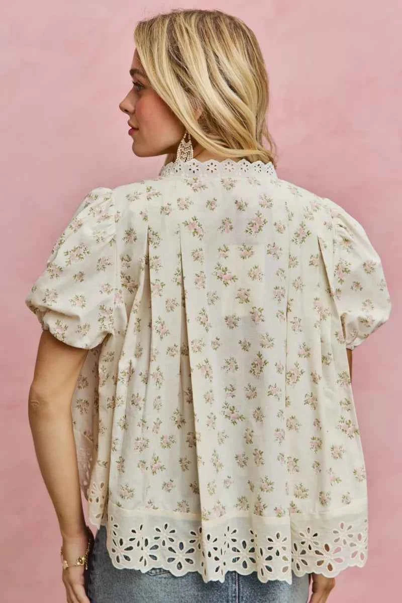 SO ME Floral Print Lace Trim Short Sleeves Blouse