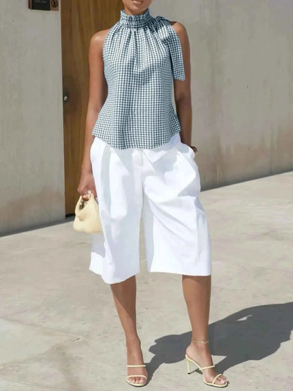 Asymmetric Gingham Bow Tie Sleeveless Top