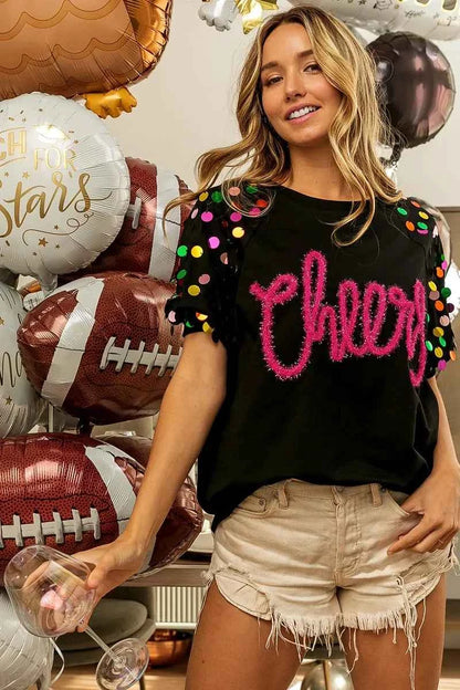 BiBi Metallic Letter Spangle Raglan Puff Sleeve Top