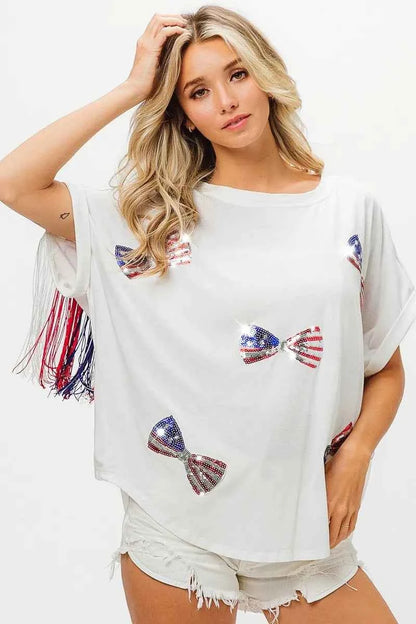 BiBi American Flag Sequin Ribbon T-Shirt