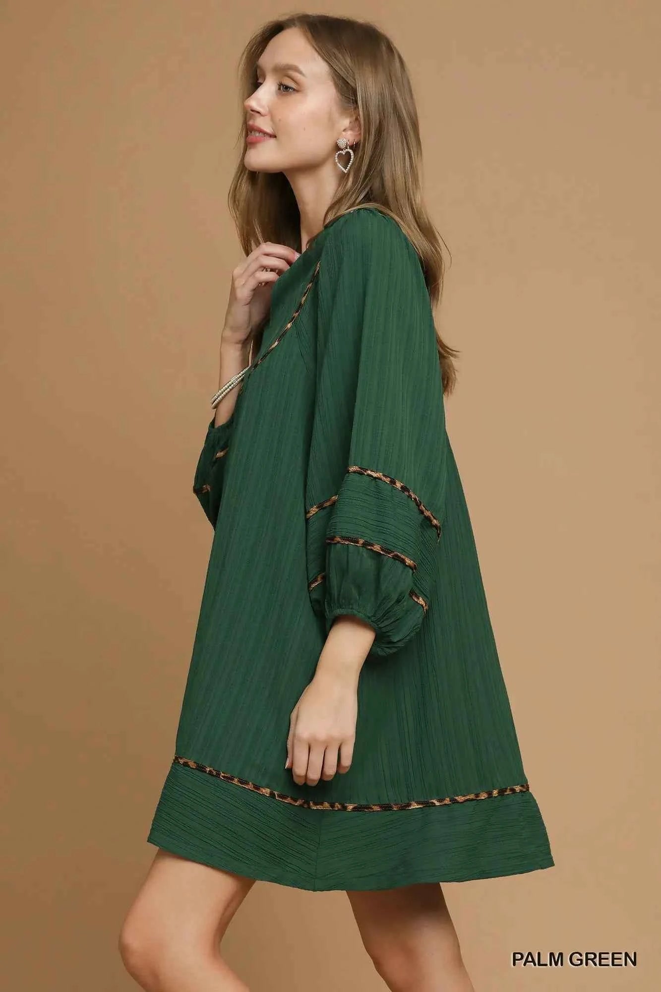 Umgee Textured Babydoll Dress with Leopard Trim