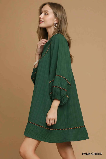 Umgee Textured Babydoll Dress with Leopard Trim
