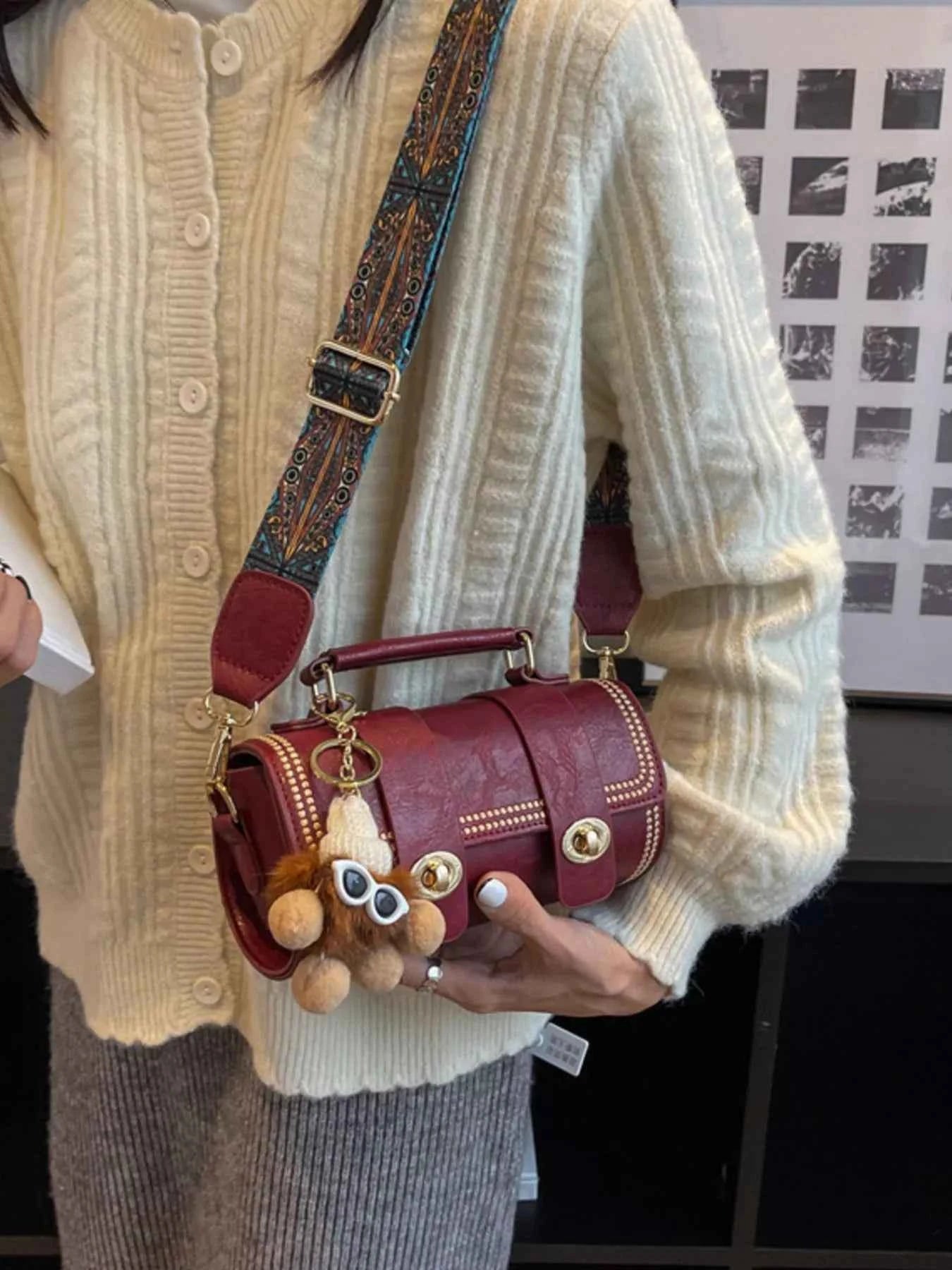 Vintage Barrel Crossbody Bag with Charm