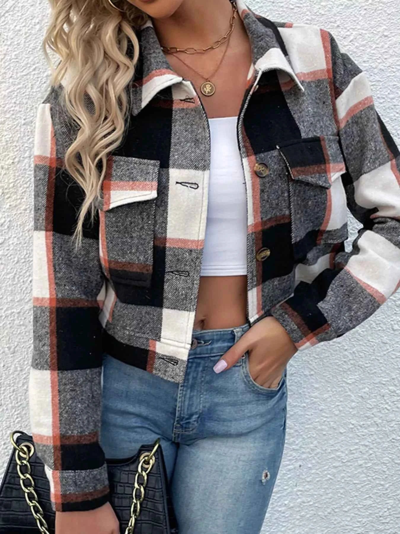 Plaid Button-Down Crop Jacket