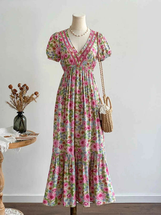 Floral Print V-Neck Puff Sleeve Dress